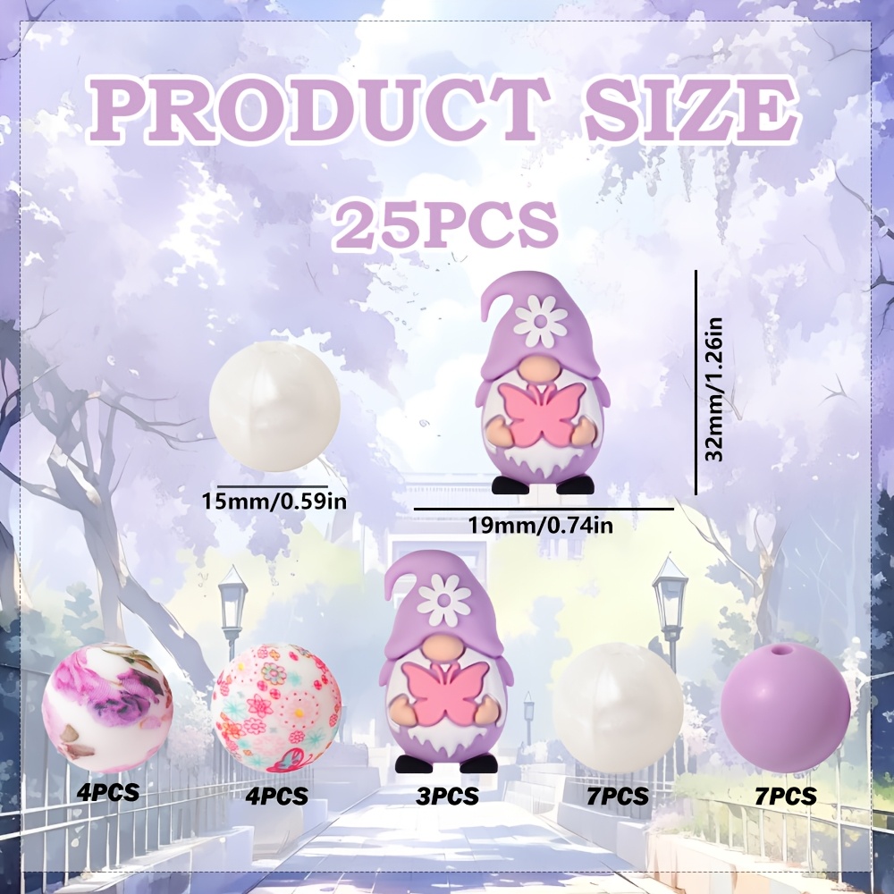 TEMU 25pcs Gnome Silicone Beads | Purple Series Beads And 15mm Floral Print Round Beads For Making Lanyards, Pens, Beads, And Accessory Color Bead