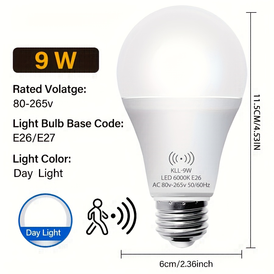 Foco con sensor de movimiento Keso, 9W (equivalente a 60W), automático para interiores, A19, E26, 3000K/6000K, encendido desde el atardecer hasta el amanecer, ideal para entrada, porche, escaleras y pasillo - Imagen 3