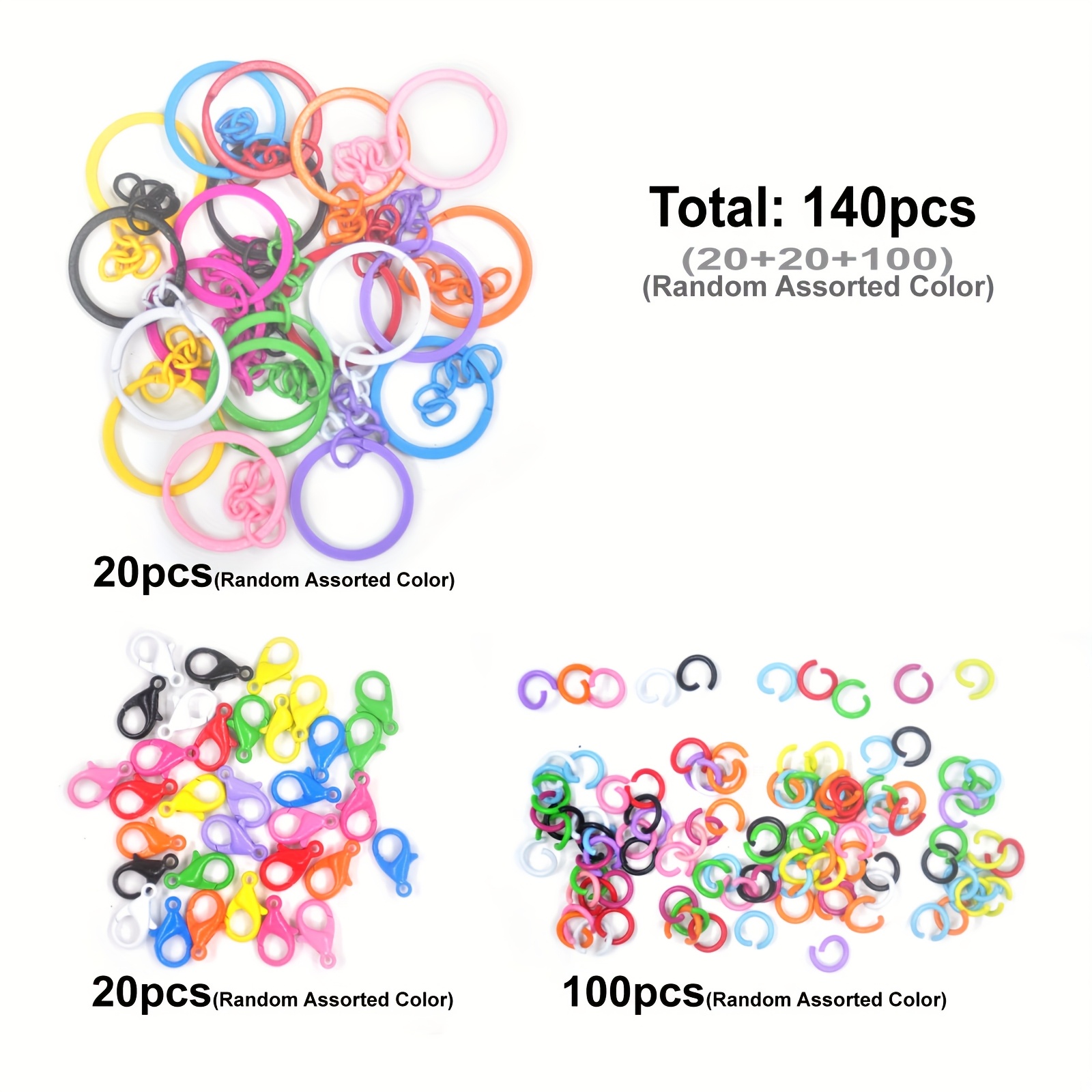 TEMU 2d Flat - 140pcs/pack Colorful Metal Keychain Additions Set, Including 20pcs Flat Key Rings With Chains, 20pcs Lobster Clasps And 100pcs Open