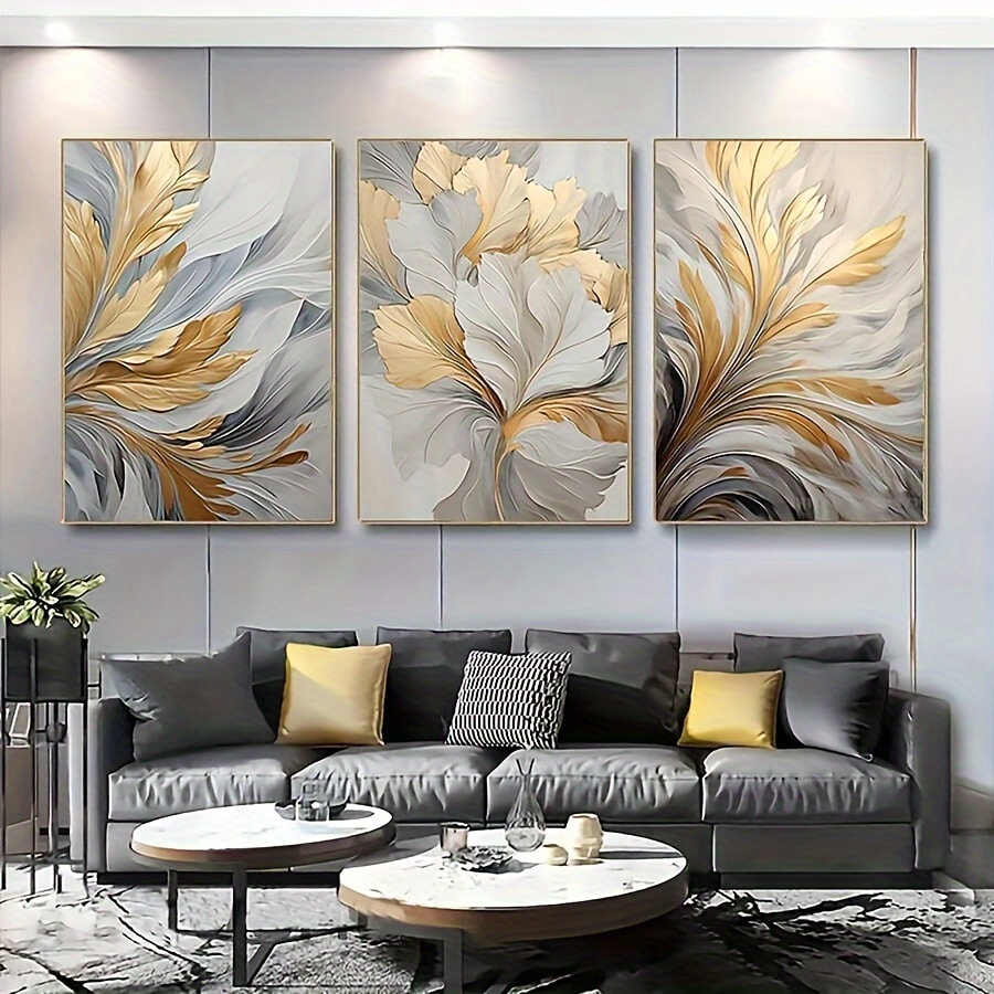 

3pcs/set Luxury Canvas Print Posters, Golden And White Leaves Canvas Wall Art Paintings, Artwork Wall Painting For Living Room Bedroom Bathroom Office Hallway Wall Decors, No Frames
