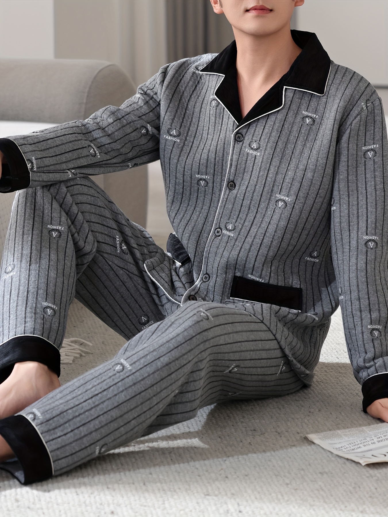 Men'S Casual Cotton Pajama Set with Lapel Collar, Geometric-Pattern, Long Sleeve, Loose Fit, Slight Stretch, Knit Fabric, Winter Warm Thickened, Triple-Layer Cotton Lined Sleepwear with Pockets