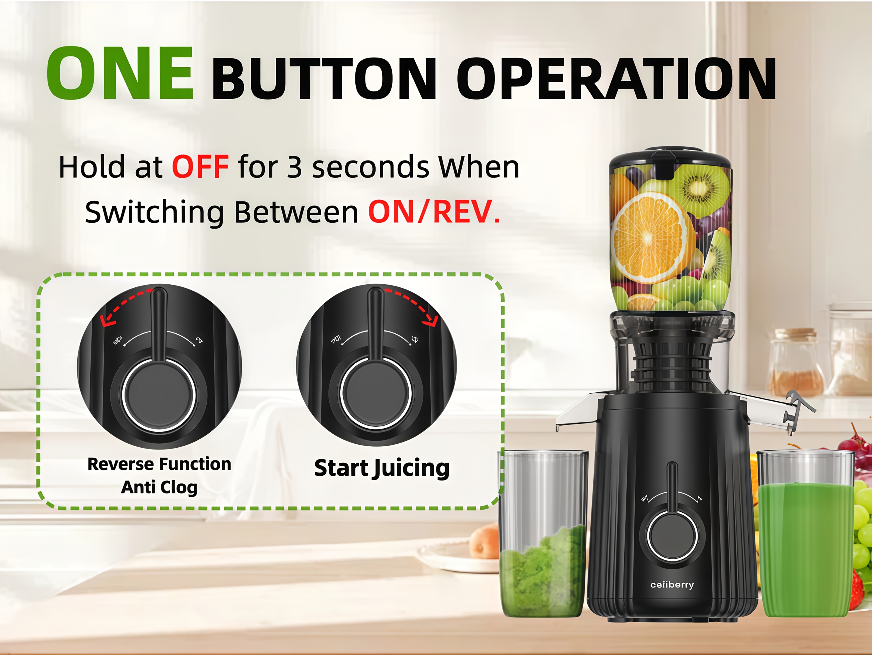 Celiberry Cold-Pressed Juicer, Slow-speed Masticating Juicer, Features a 4.25-inch Wide Feed Chute with Automatic Feeding Design Suitable for Whole Fruits and Vegetables. Achieves up to 98% Juice Extraction, Operates Quietly and Is Easy to Clean.