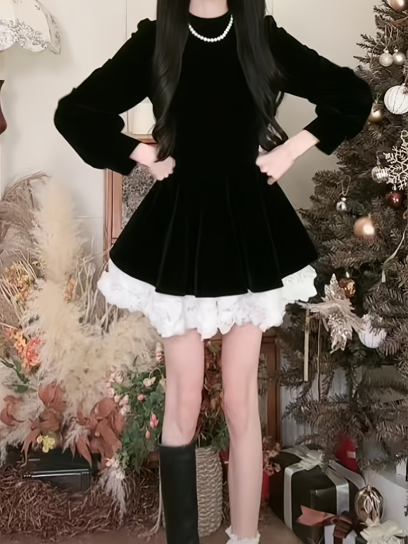 2025 spring new princess velvet dress stitching dress winter - Temu