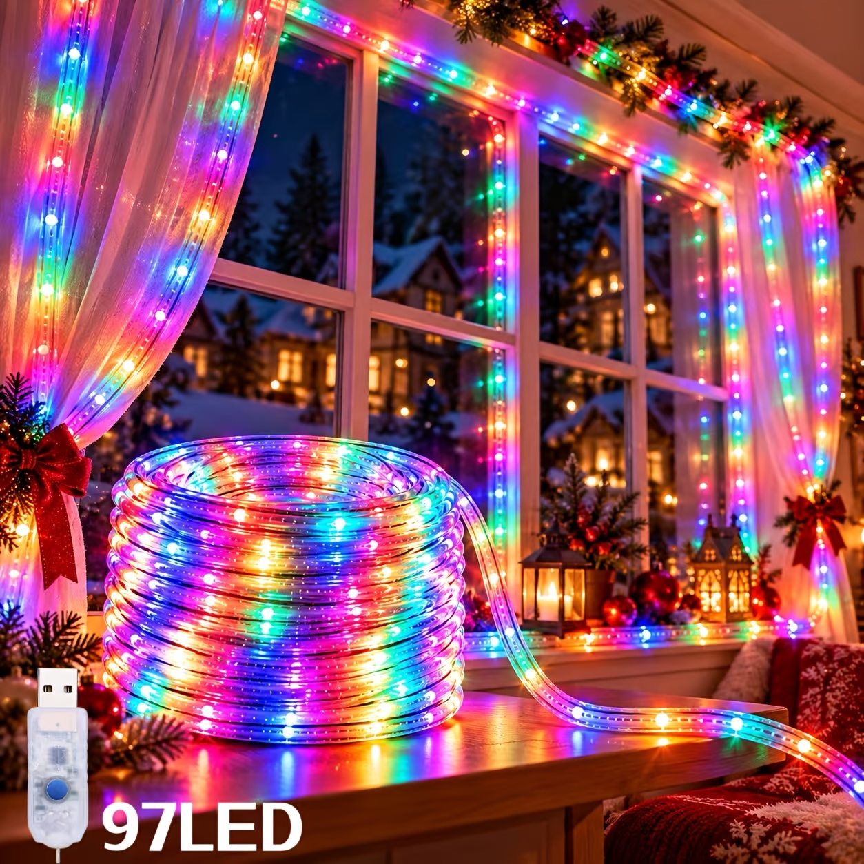 TEMU 8 Usb Christmas Rope Lights Indoor Multicolor Led Tube String Lights Flexible Clear Plastic Rope Lights For Christmas Tree Fireplace Mantle