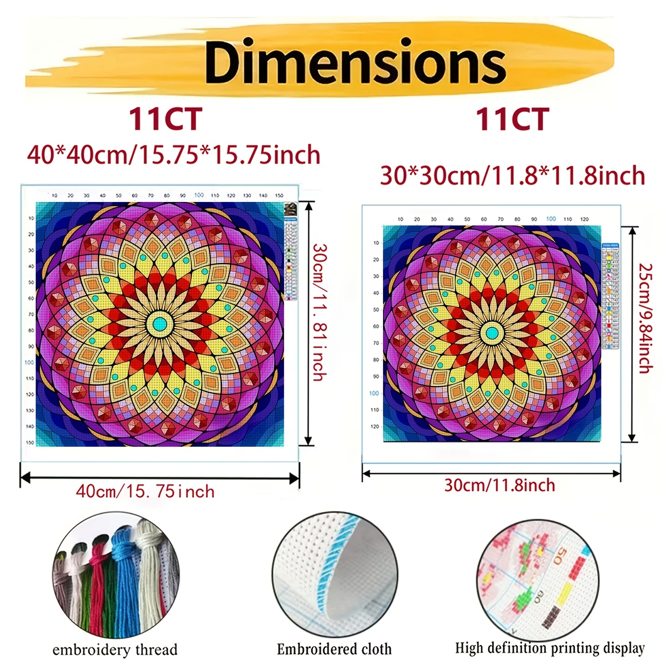 DIY Cross Stitch Print Kit, Frameless Colorful Symmetrical Mandala Pattern