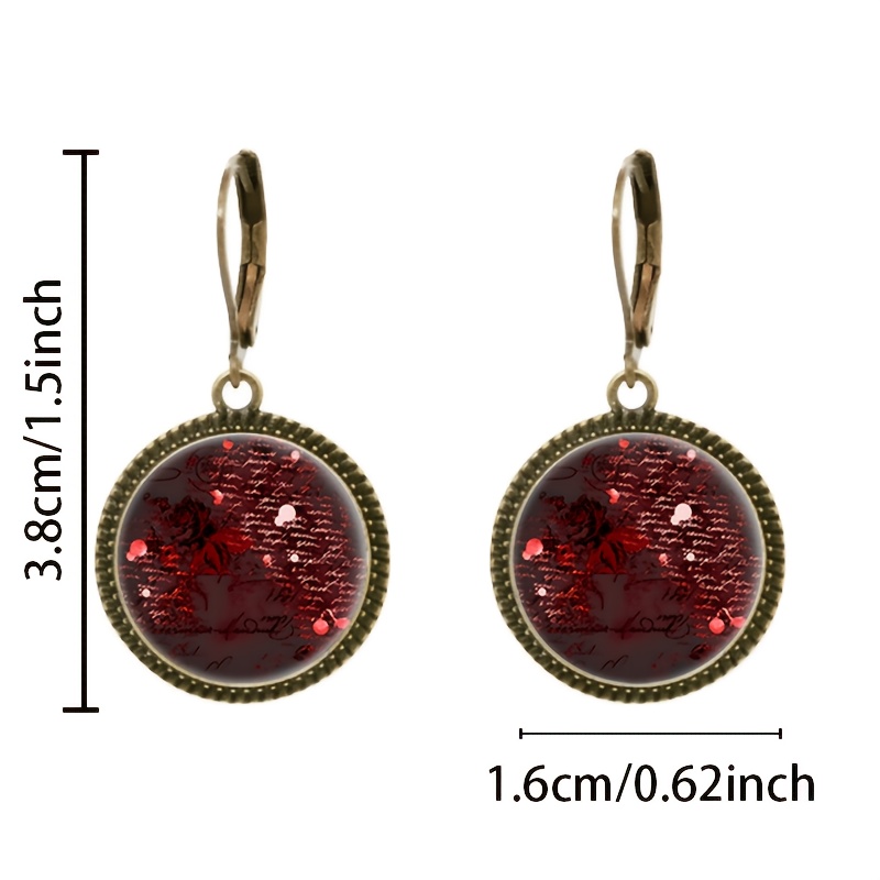 Classic Pendant Earrings with Red Background & Rose Flower, Set of 2