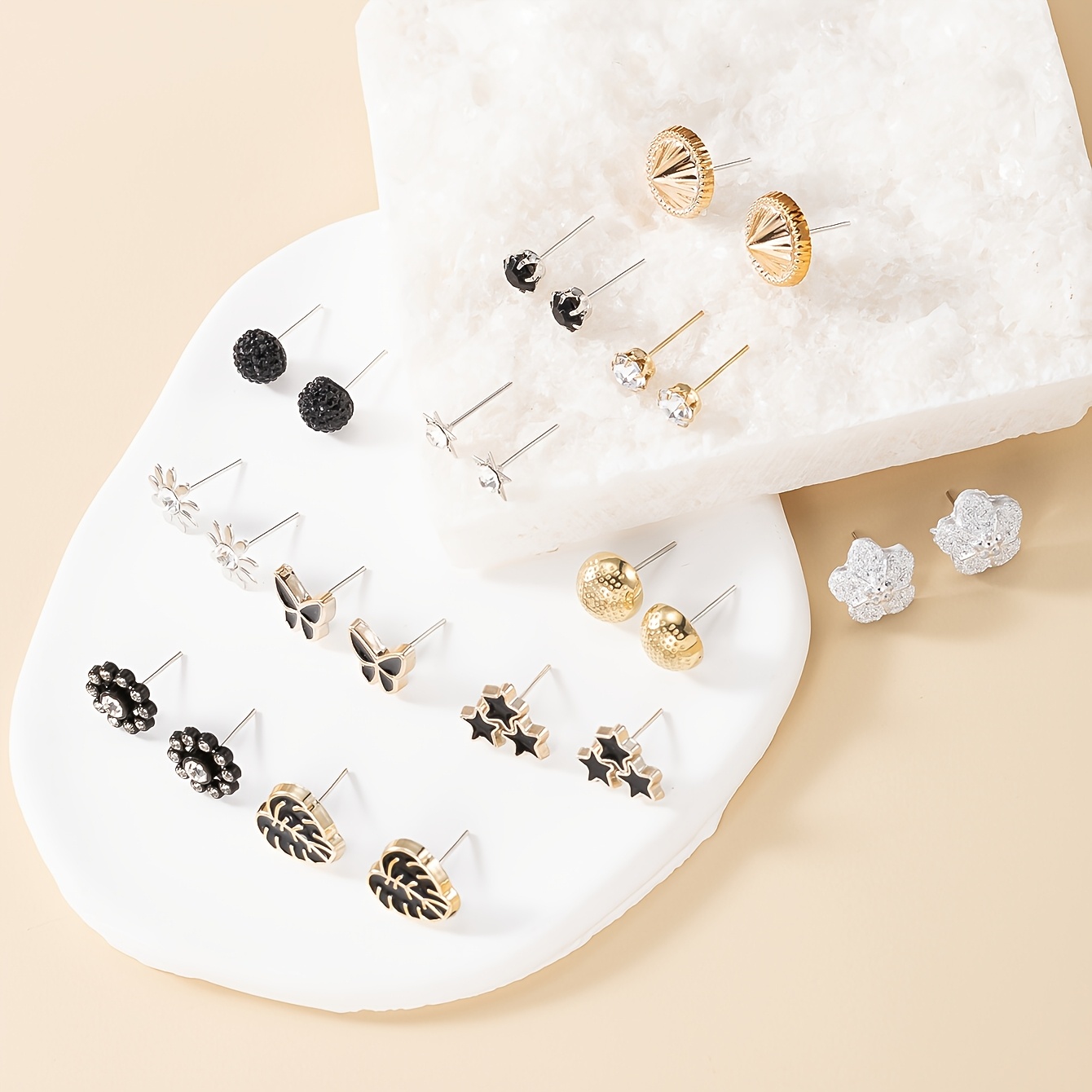 12 Pairs Large Pack Plated Flower & Small Hoop Earrings