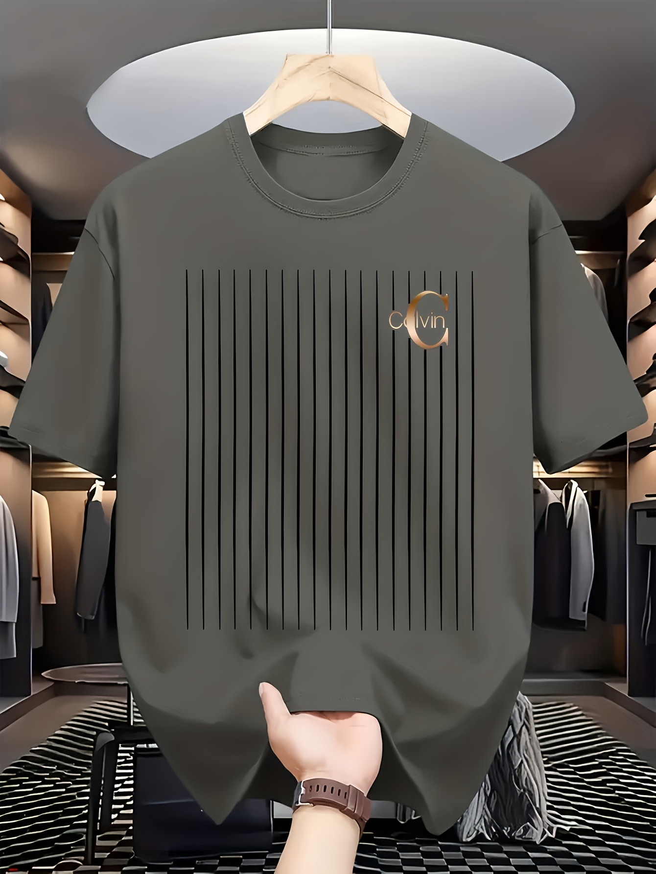 Men's casual and fashionable minimalist lines - C-Calvin printed T-shirt, round neck comfortable polyester fabric, suitable for daily wear as fashionable streetwear, Men's clothing