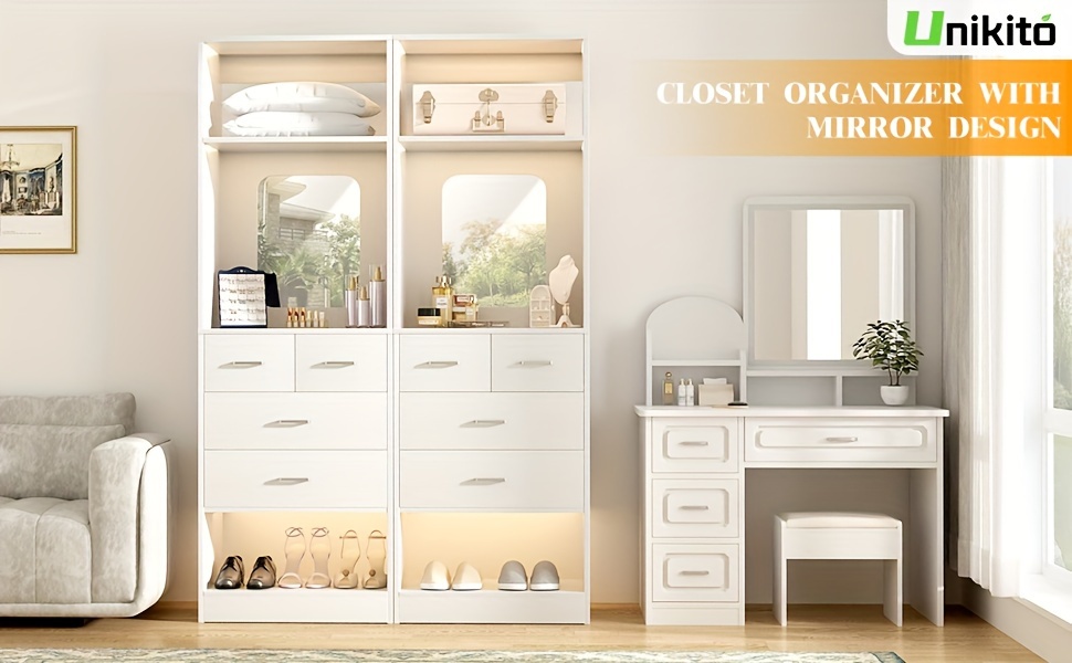 Unikito 25 Inch Closet System with 4 Drawers, 2FT Wood Closets Organizer with Storage Shelves And Mirror Design, Freestanding Sturdy Walk in Closet Tower for Bedroom, 25