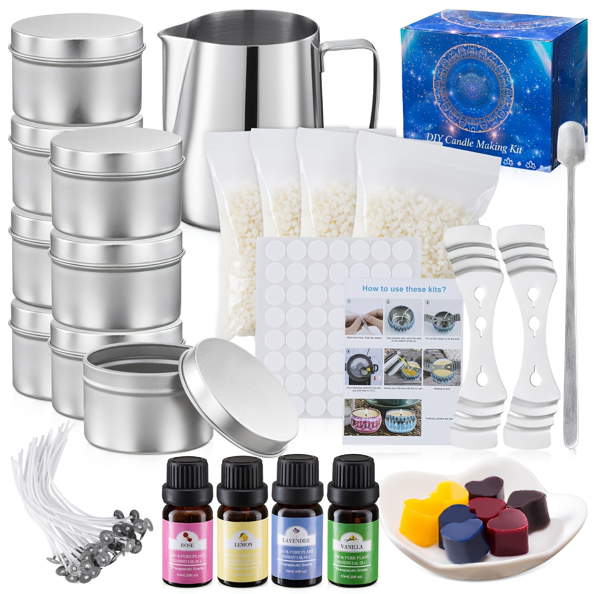 TEMU Silvery Essential Oil Set | Personalized Candle Making Tool With 4 Fragrances And Silvery Jars, Must-have For Aromatherapy Candles, Full Set Of
