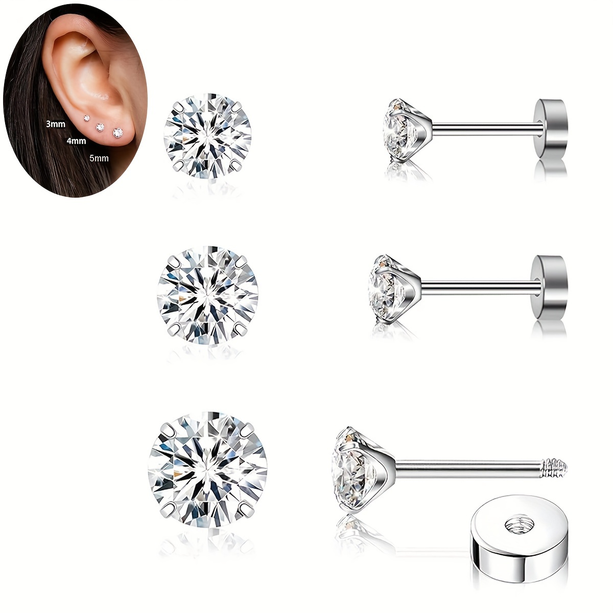 

3-pair Hypoallergenic Stainless Steel Earring Set For - Cubic Zirconia , Flat Back & Tragus Piercing Jewelry, 3mm/4mm/5mm, Stretched Ear Jewelry