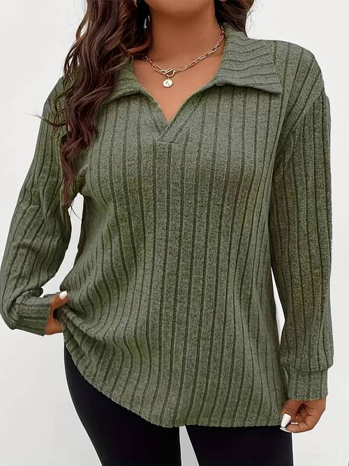 plus size wholesale women fashion solid color rib lapel long sleeve plus size top
