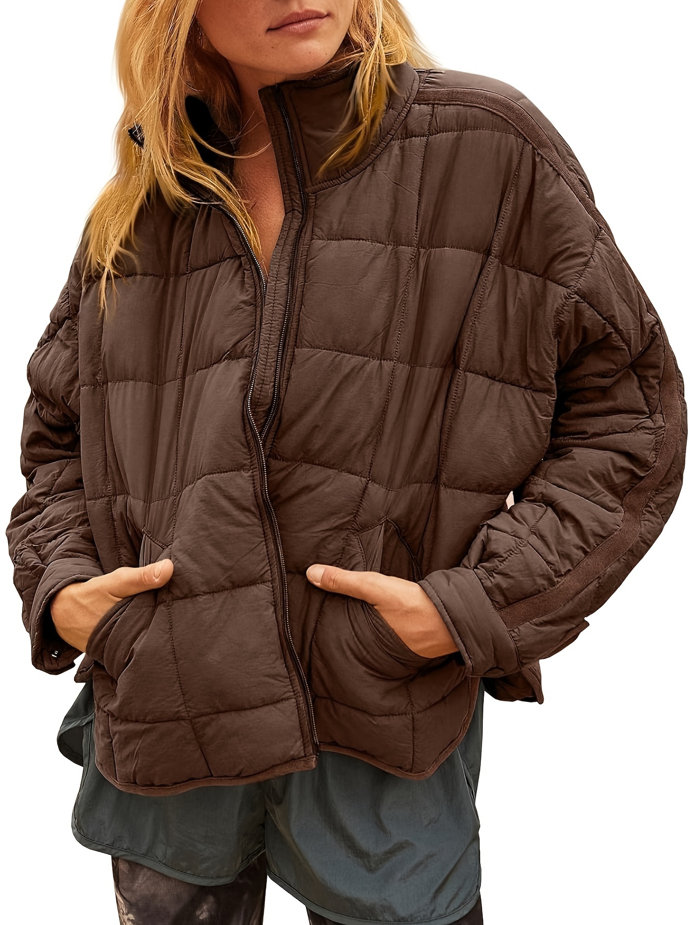womens oversized lightweight puffer jacket long sleeve zip Temu