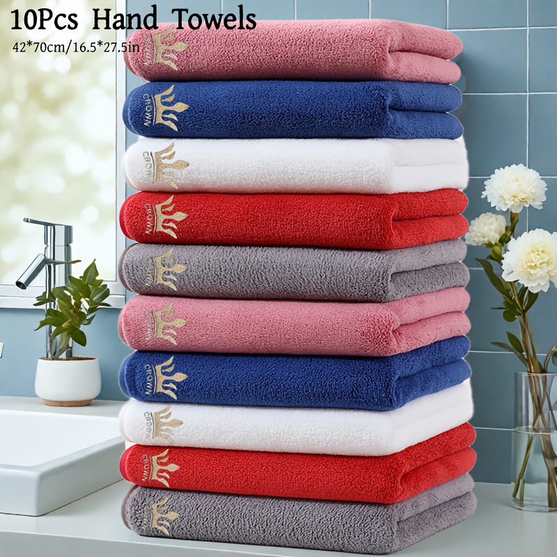 MIANDUDU 10pcs Luxury Microfiber Towel Set - Quick-Dry, Large Bath & Hand Towels (16.5"x27.5"/42x70cm) with Red Border & Golden Crown Logo