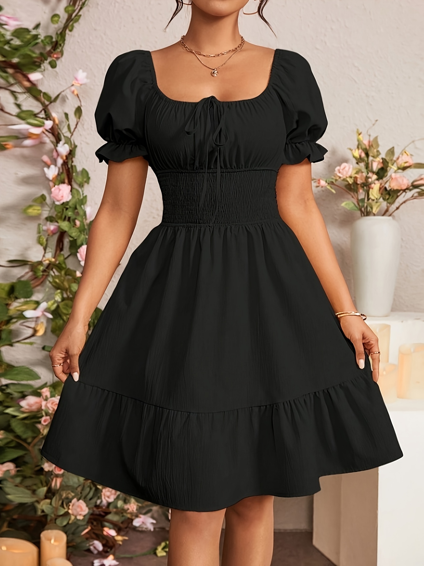 women's elegant black square neck sleeve dress Temu Oman