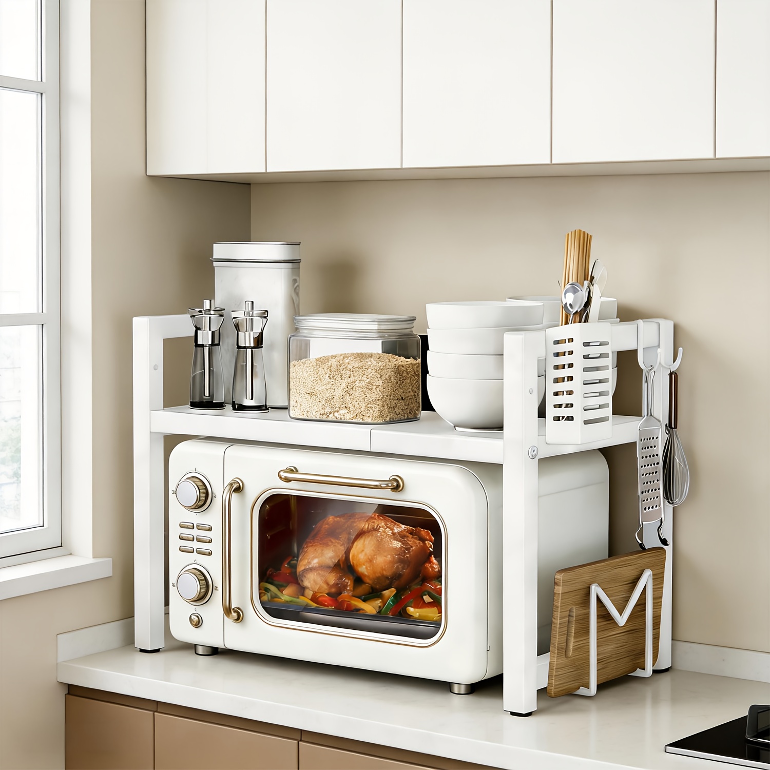 Prateleira Expansível para Micro-ondas 2 Níveis Ganchos, Organizador de Cozinha, Prateleira para Micro-ondas e…: retailer-supplied image