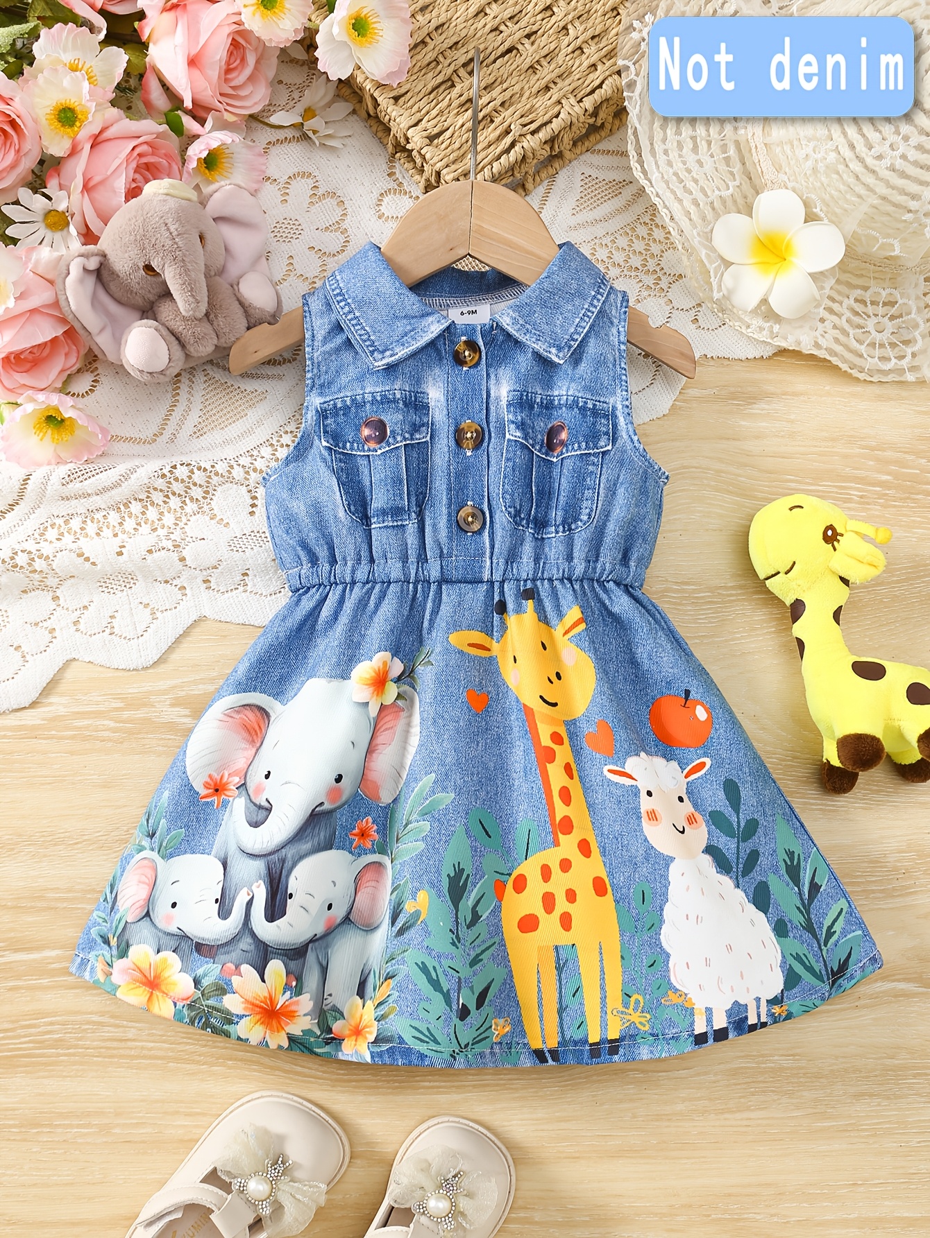A Cute Sleeveless Dress for Baby Girls Featuring a Shirt Collar, Print Faux Denim, And Animal-Themed Designs, Perfect for Summer.