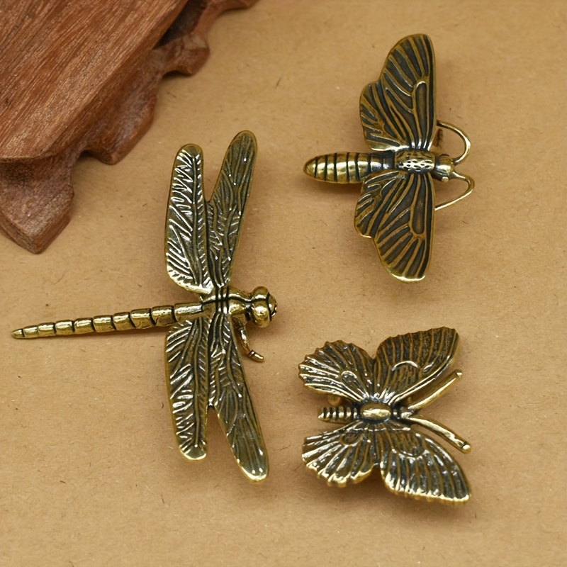 TEMU A Set Of 3 Brass Figurines: , Dragonfly, And Moth. Small Desktop Decorations, Vintage Copper Insect Statues For Home Decor. Vintage-style Home