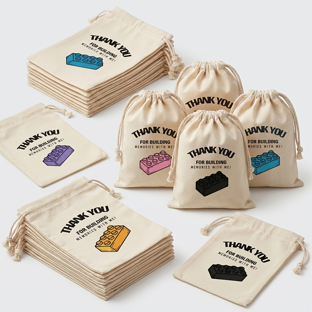 TEMU Gift For Her/him 18pcs Mixed Style Drawstring Gift Bags With Building Brick Print, Durable Lightweight Favor Pouches, Thank You Treat Candy