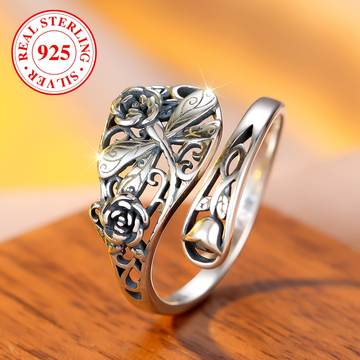 

A Vintage Rose And Dragonfly Adjustable Spoon Ring - 925 Sterling Silver, A Family Ring, A Unisex Jewelry Gift For Friends And Lovers 2.8g