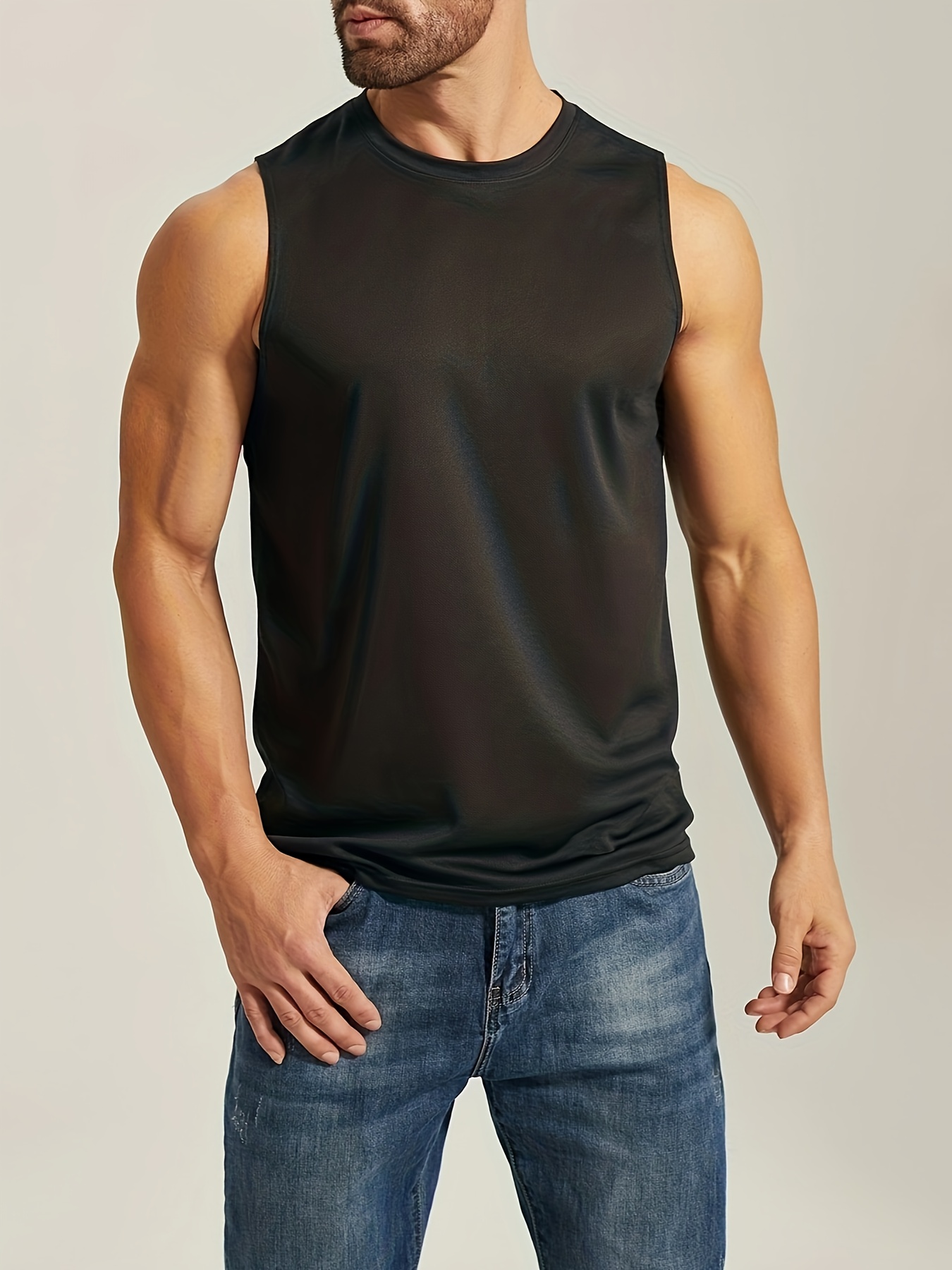 Mens Trend Solid Color Cutout Vest T-Shirt Skinny Sleeveless Bottoming Tank  Tops