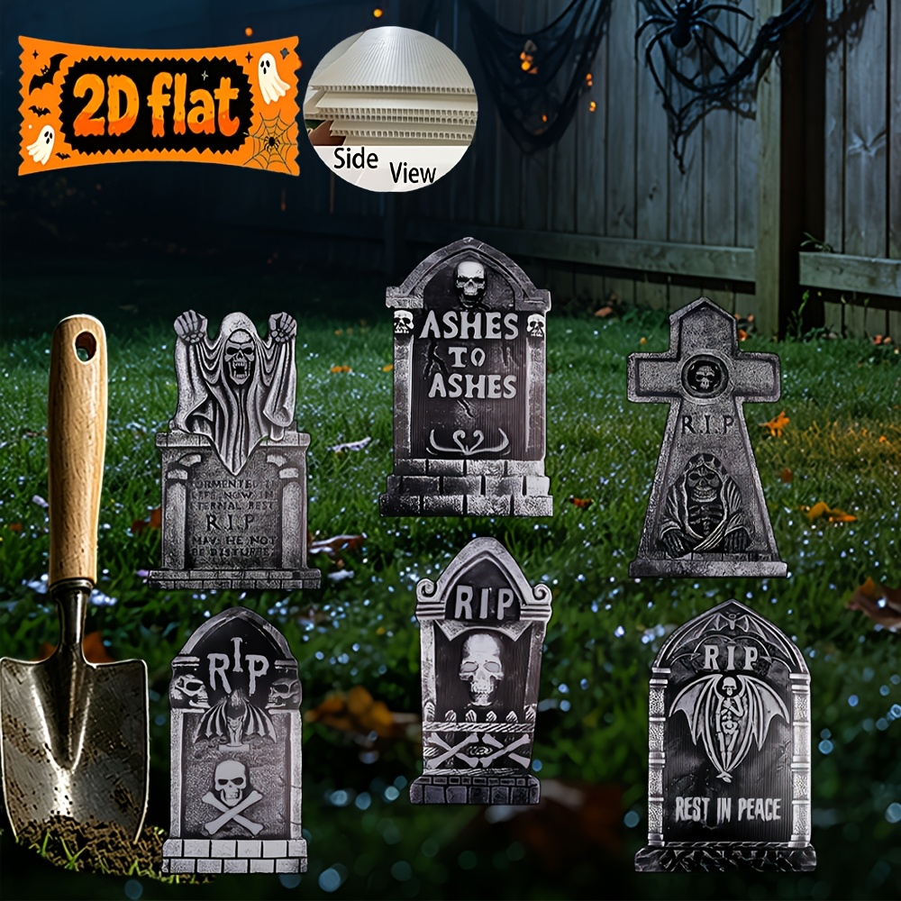 TEMU Piatto 2D, Larber 6 Pezzi Lapidi di Halloween Piatte 2D Decorazioni per Cimitero di Halloween da Esterno con Scheletro Pipistrelli , Lapidi di