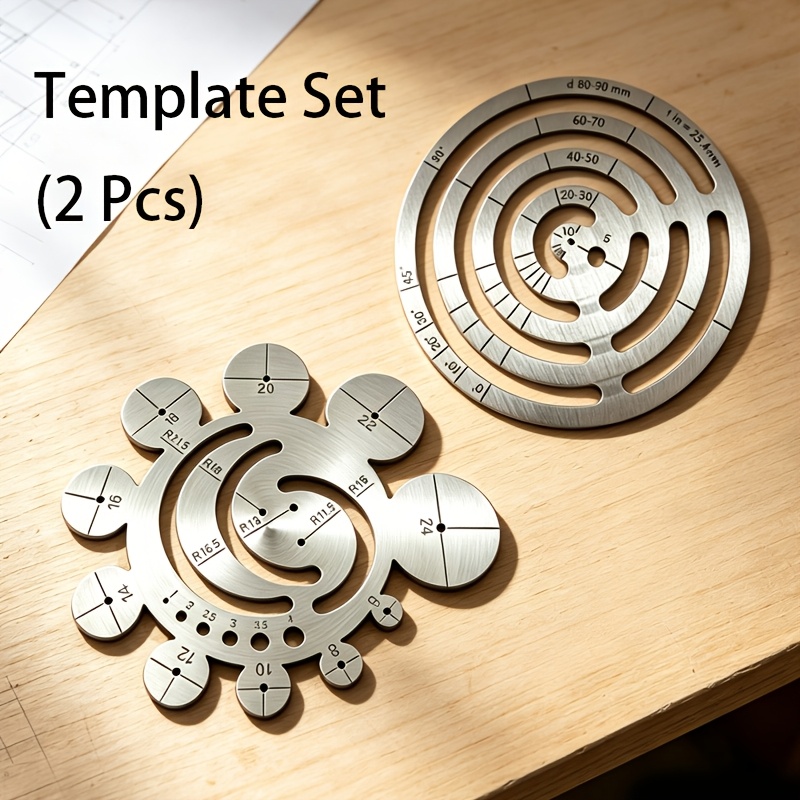 TEMU 2pcs Multifunctional Round Template Measuring Set, Stainless Steel Circle Gauge, Curve Drawing And Scribing Ruler, Suitable For Craft Projects,