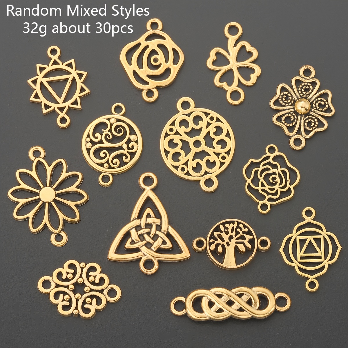 TEMU 30pcs (32g) Antique Golden Alloy Plating Double Hole Connector Random Mixed Styles Flower Tree Shape Spacer Beads Decorative Beads Loose Beads