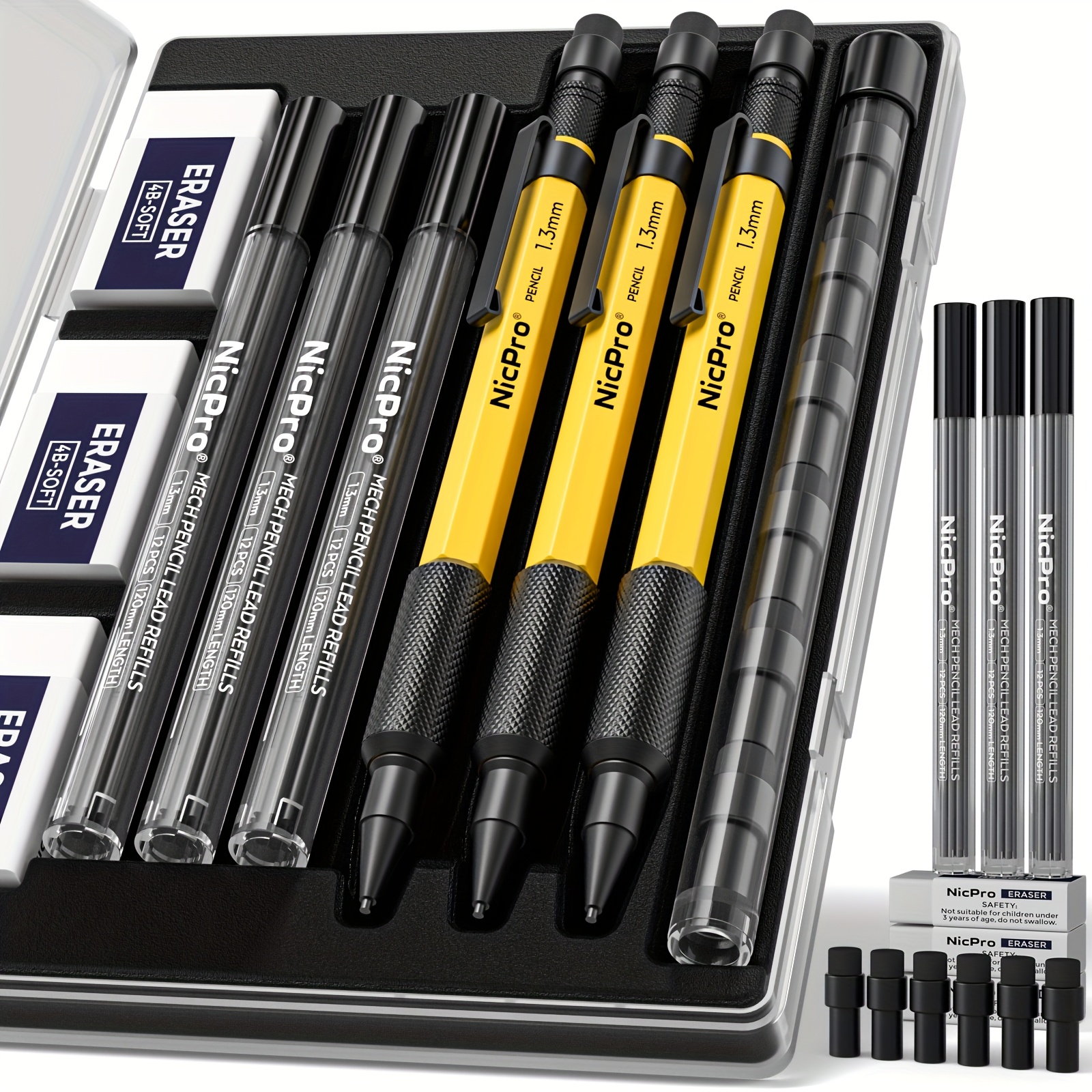 3pcs 1.3mm Mechanical Pencil Set with 36 Lead Refills