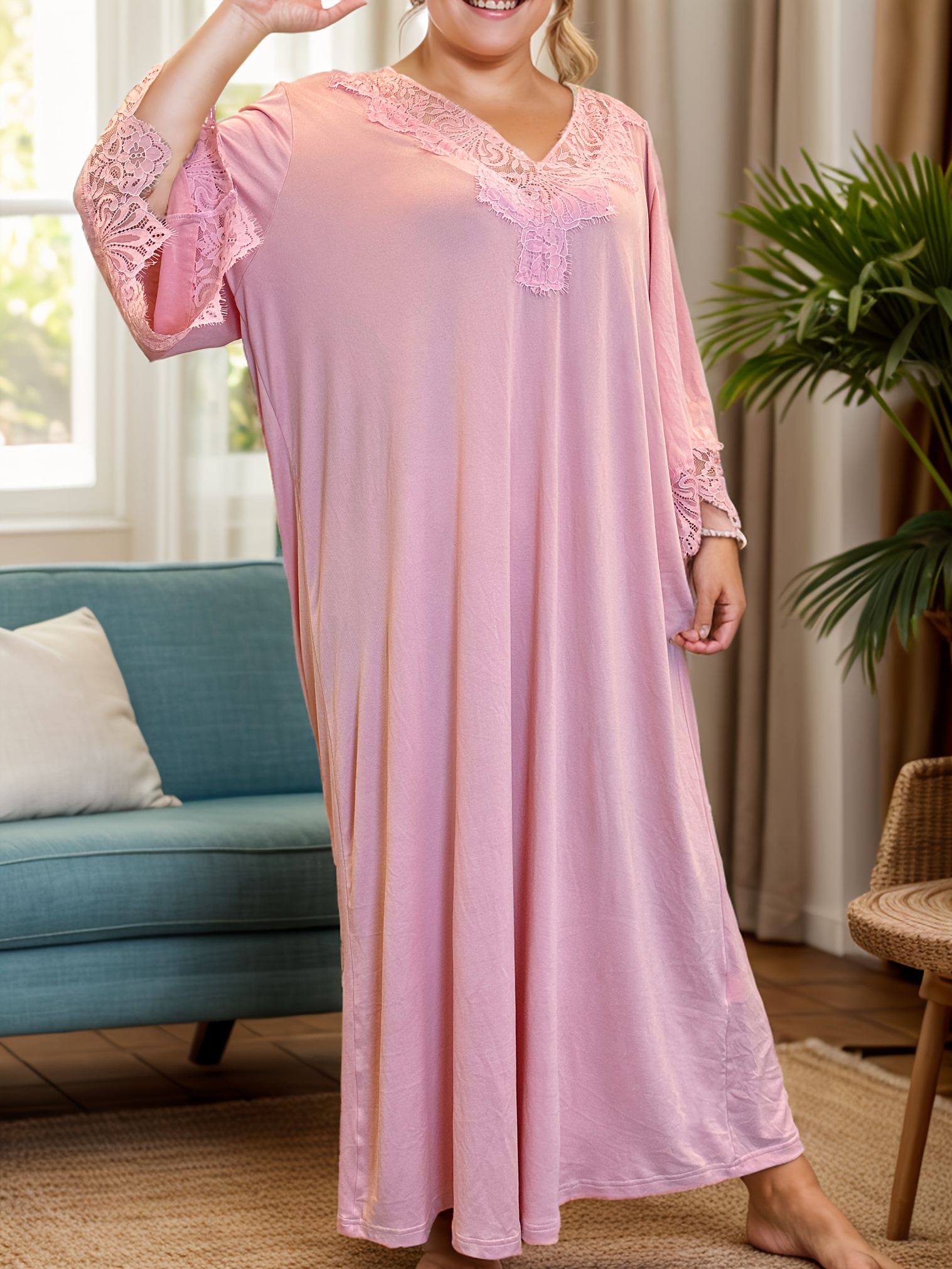 plus size women's elegant v neck contrast lace spliced soft Temu