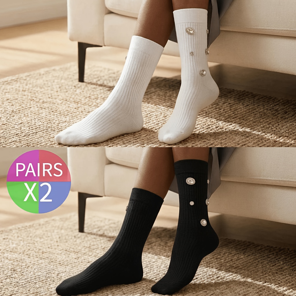 TEMU 1/2 Par Calcetines de Media Caña Casuales para Mujer con Diseño de Pedrería de Moda en Color Aleatorio, Calcetines Deportivos Versátiles y