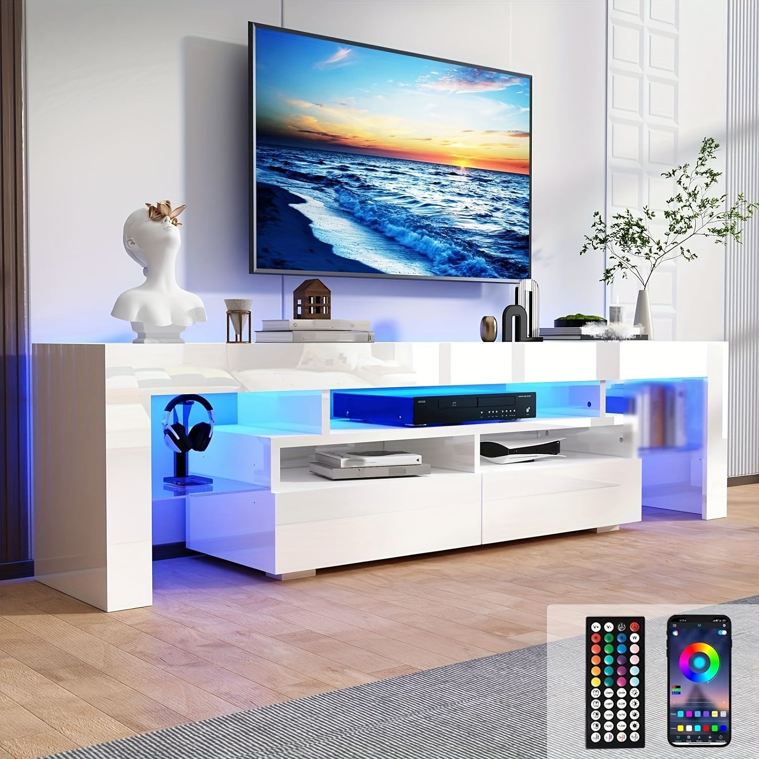 

Modern Led Tv Stand For Living Room, Stand, Tv Entertainment Center With Storage Drawer, App Rgb Light,