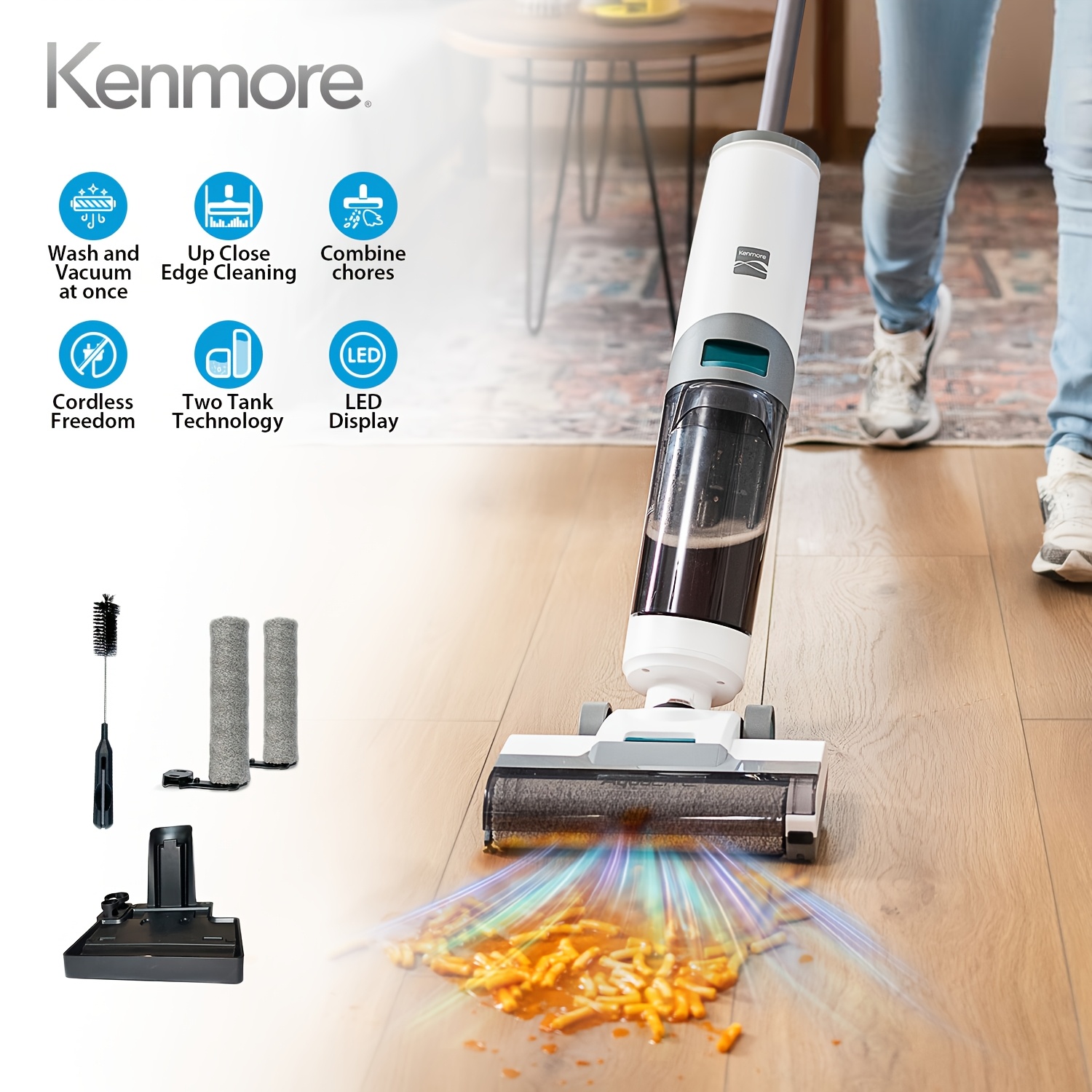 Kenmore 3-in-1 Cordless Wet Vacuum 8kpa Hard Floor Cleaner With Automatic Air-drying, 35mins & 1 Edge Self-cleaning Mop 0.8l Capacity For Multi-surface And Messes, White