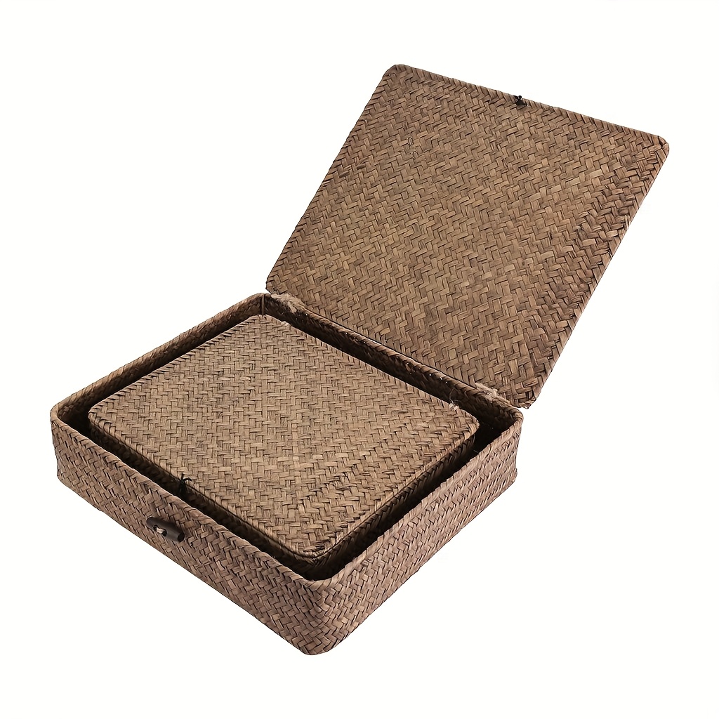 Image of 2pcs Flat Woven Rattan Baskets With Lids, Seagrass Storage Bins For Home Decor, Flat Woven Rattan Storage Boxes With Lids, Natural Seagrass Home Baskets For Shelf Organization, Shelf Baskets