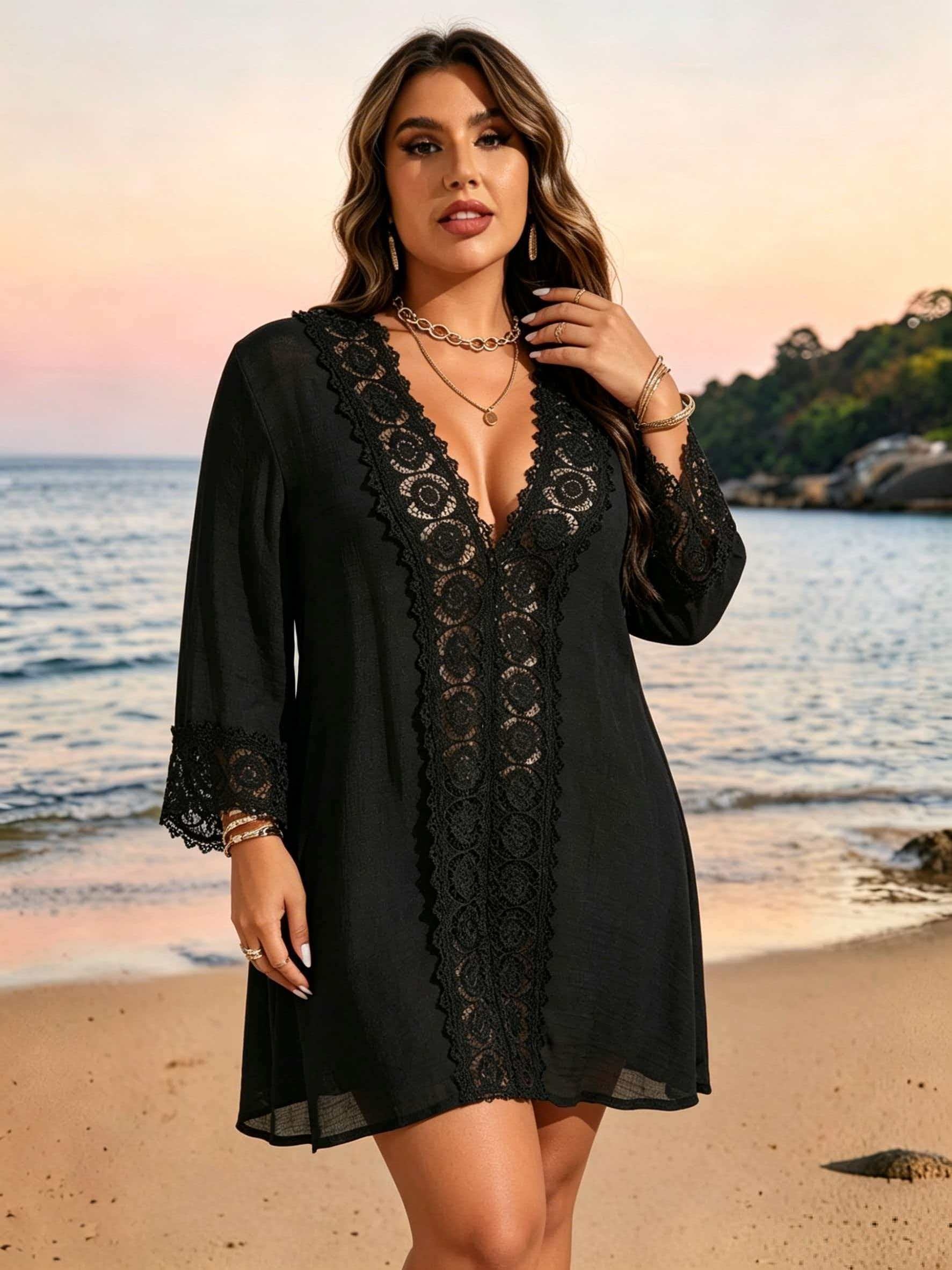 plus size womens deep v neck lace trimmed cover dress 3 4