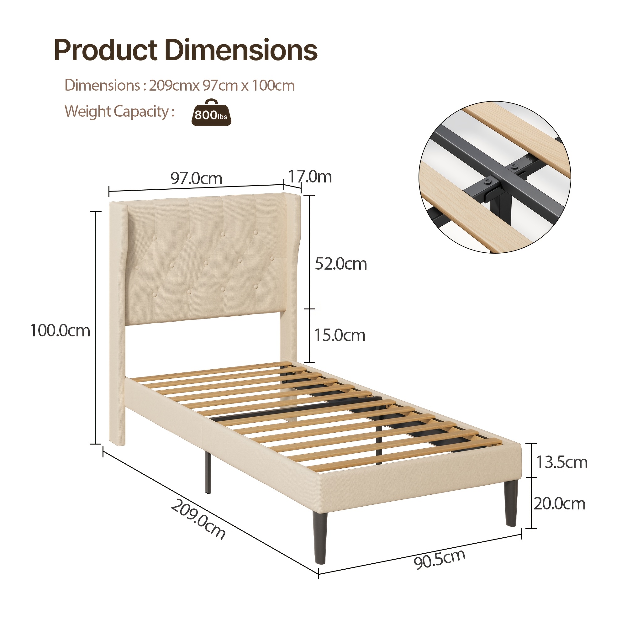 Upholstered Bed Frame, Upholstered Design With Wooden Slat Support, Single Bed, Double Bed, Easy To Assemble And Stable, 20cm Storage Space, Dark Grey/ Beige