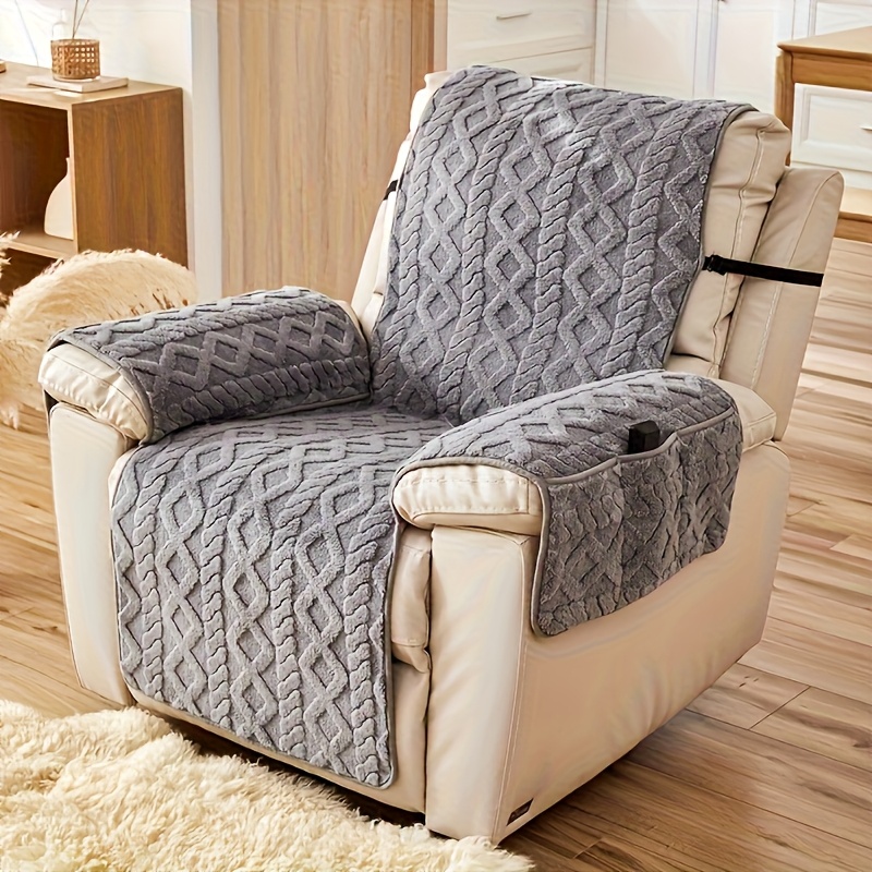 TEMU 1pc Thickened Warm Plush Recliner Chair Cover - Non-slip Elastic Sofa Slipcover With Soft Cushioning, Bohemian Style & Grey Checkered Pattern,