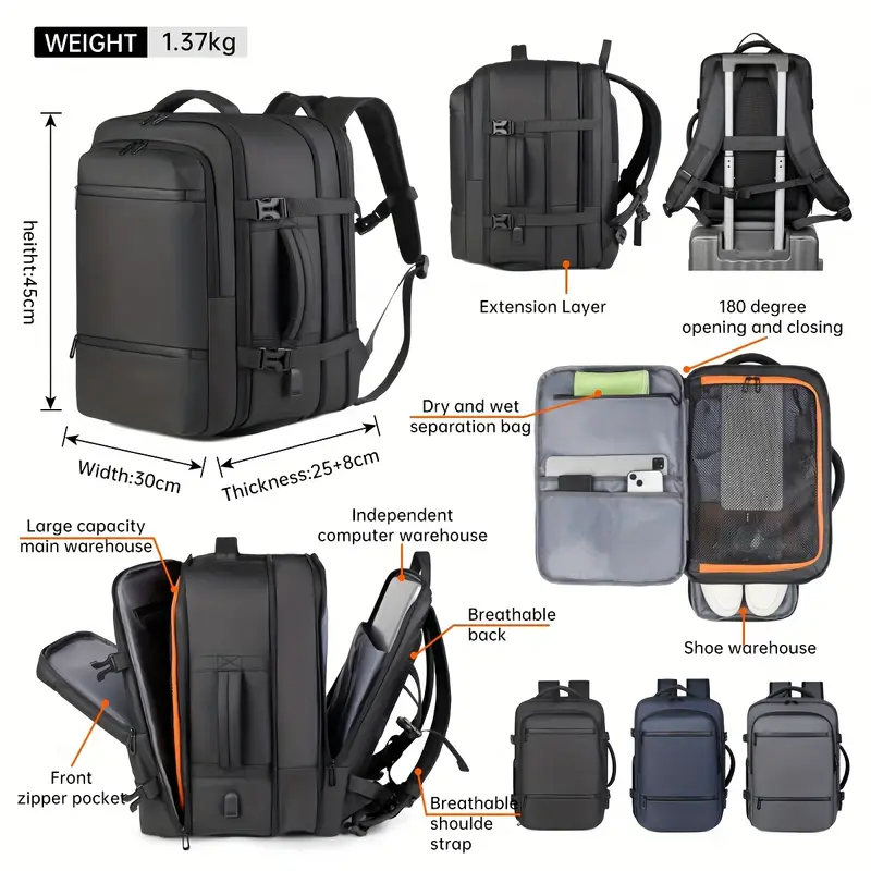 40L Large Travel Backpack | Black Rolling Backpack With Adjustable Shoulder Straps, Zipper Closure, Lining, Suitable For Daily * And Airplane Carry-On 40L Large Travel Backpack | Black Rolling Backpack With Adjustable Shoulder Straps, Zipper Closure, Lining, Suitable For Daily * And Airplane Carry-On