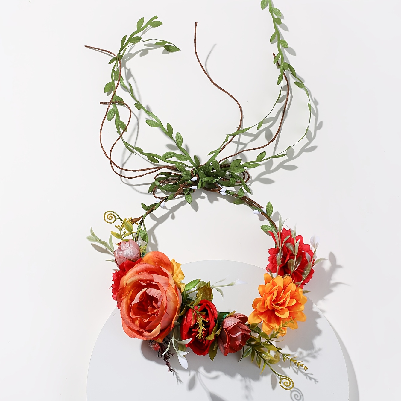 TEMU 1pc Orange Rose Green Leaf Woven Wreath, Forest Bohemian Style, Suitable For Bride Pre-wedding Photoshoot, Graduation Season Portraits, Beach