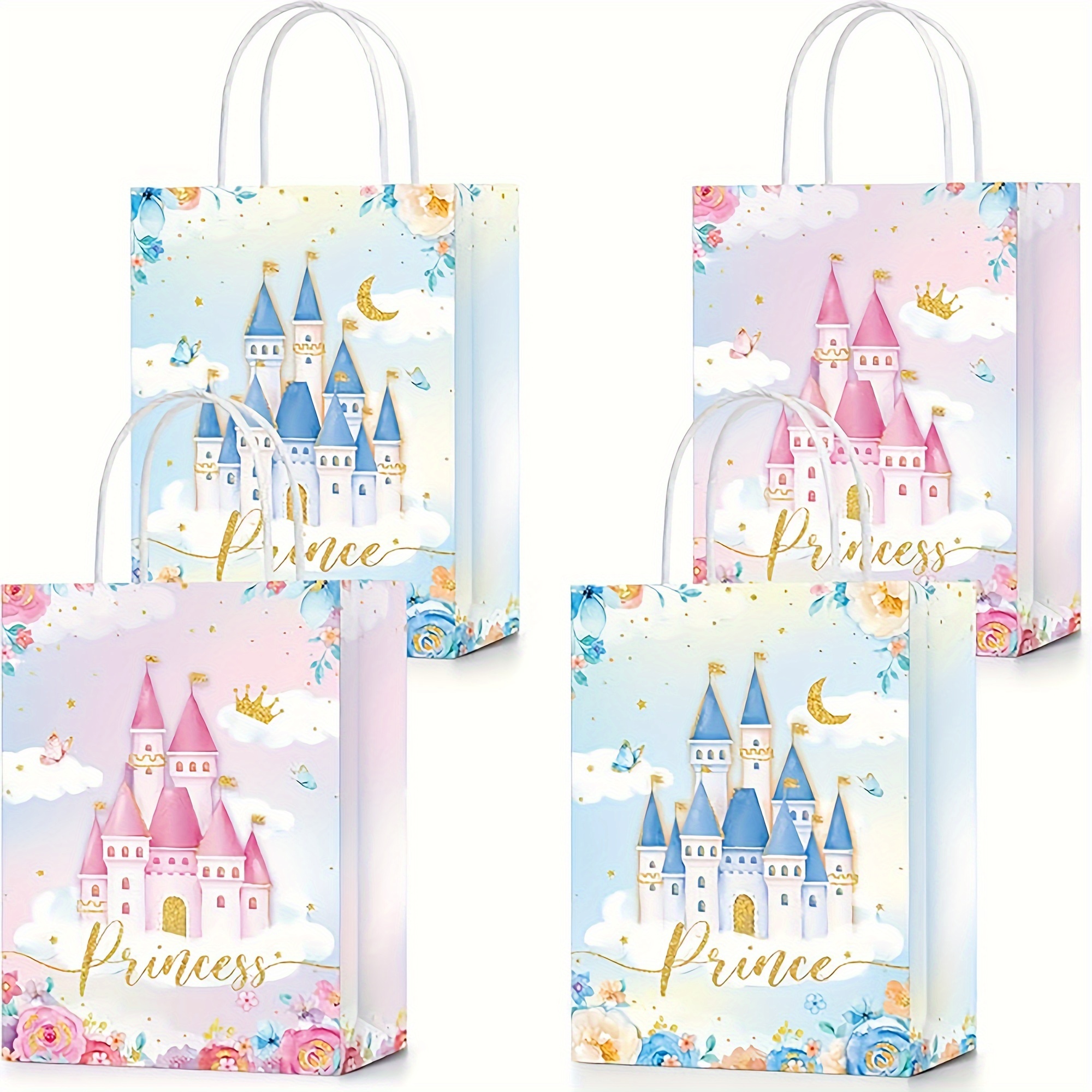 

16pcs Princess Prince Party Favor Bags Castle Party Bags Princess Treat Bags With Handles Candy Bags For Gender Reveal Party Baby Shower Wedding Supplies