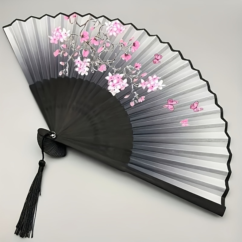 TEMU 1 Folding Fan - Vintage Cherry Pattern In Pink And Purple Art, Lightweight Handheld Fan Suitable For Hanfu Dance, Graduation Gifts, Home Decoration, Bamboo Art Ornaments, In All