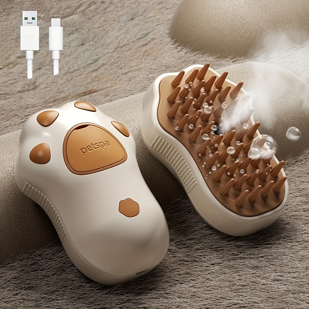 

2024 Innovative Cat Paw-shaped Steamer Brush - 3-in-1 Multi-function, Self-cleaning Spray Groomer For Cats & Dogs, Usb Rechargeable Pet Hair Removal Comb