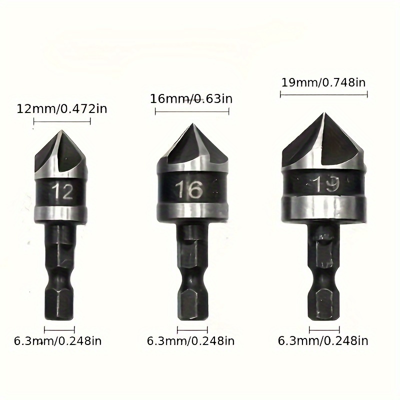 3pcs carbon steel 90 degree 1 4 hexagonal shank chamfering woodworking hole opener drill bits details 6