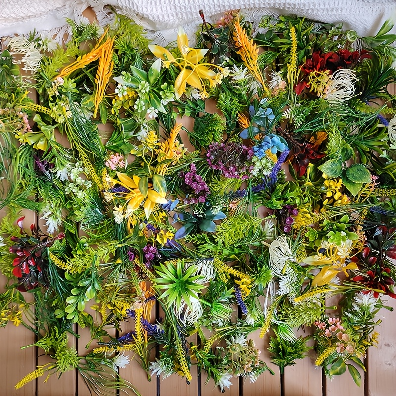 Image of 90pcs Assorted Styles Of Faux , Artificial Flowers, Random Mixed Leaf Decorations For Garden, Plant Wall Faux Plant Materials, Handmade Craft Supplies, Wedding Bouquet, Aquarium Decoration Grass