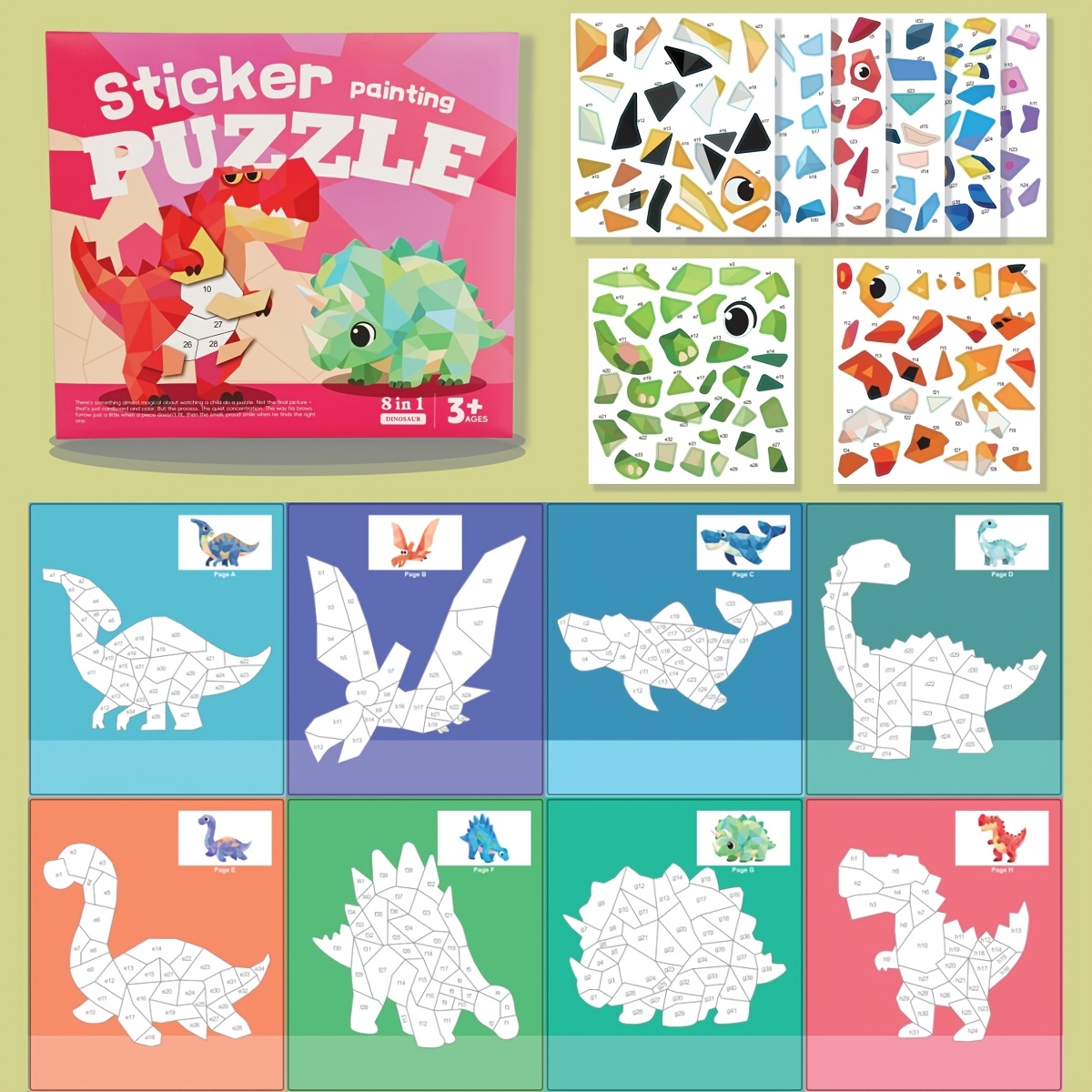 Image of 3d Geometric Collage, Handmade Sticker Set, Dinosaur Theme Cartoon Pattern Fun Game, Fine Motor , Quiet Sticker Toy For Boys And Girls Aged 3+