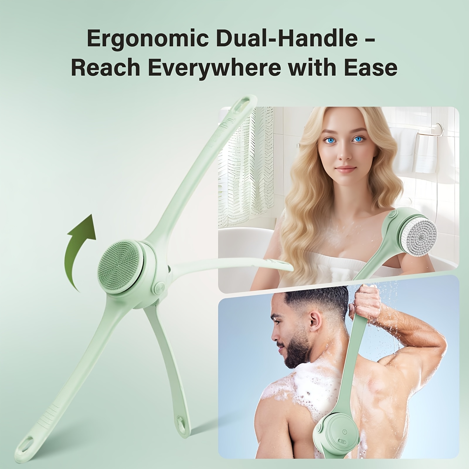 SENBOWE Electric Body Brush Back Scrubber Designed for Use in The Shower, Featuring a Long Dual Handle And Three Interchangeable Heads. This Rechargeable Bath Brush Offers Three Speed Settings for Effective Cleansing, Exfoliation, And Skin Massage.