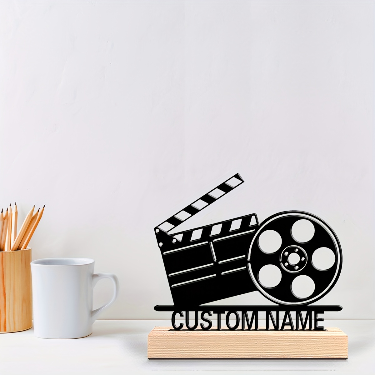 TEMU 1pc Personalized Movie Film Sculpture - Custom Name/text Engraved Vintage Cinema Statue With Cast Iron & Artificial Wood Base, Tabletop Desk