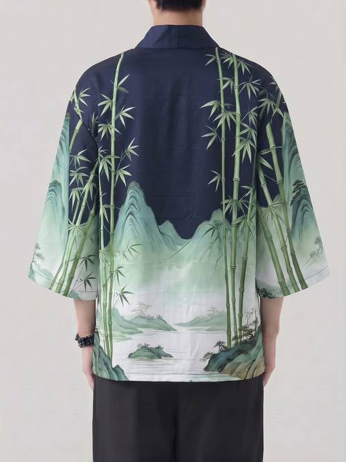 mens retro kimono jacket summer thin loose 3 4 sleeve open front cardigan top with landscape and rayon print chinese size please check the size guide