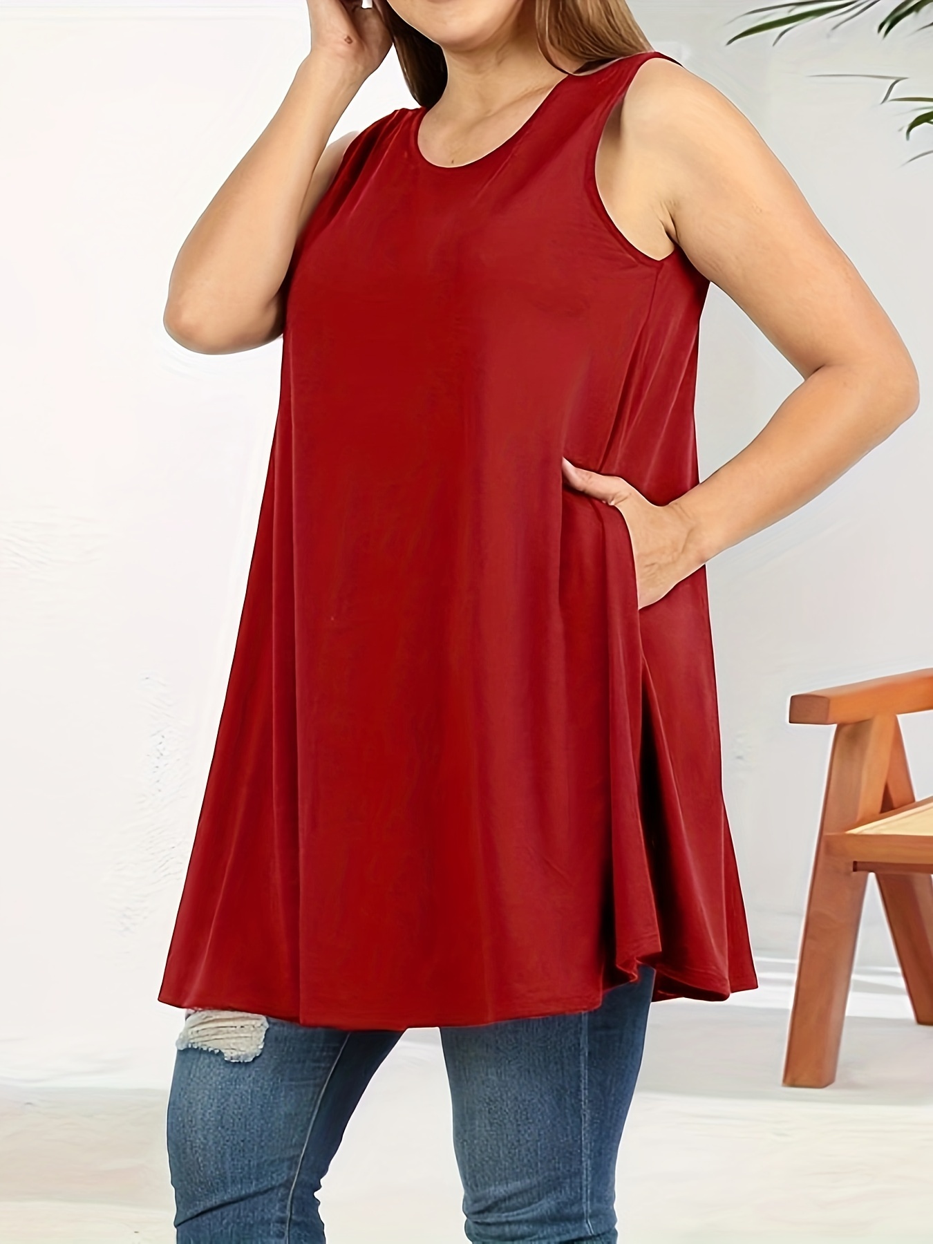 Women'S Plus Size Sleeveless Tank Top with Pockets - Casual, Comfortable, and Stylish Red Blend Vest for Casual Attire, PLUS SIZE