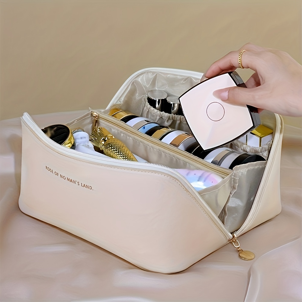 

Beige Diagonal Zipper Cosmetic Bag, Easy To Carry, Is A Travel Bag, Can Hold A Lot Of Things, Cosmetic Bag With Compartments And Handles